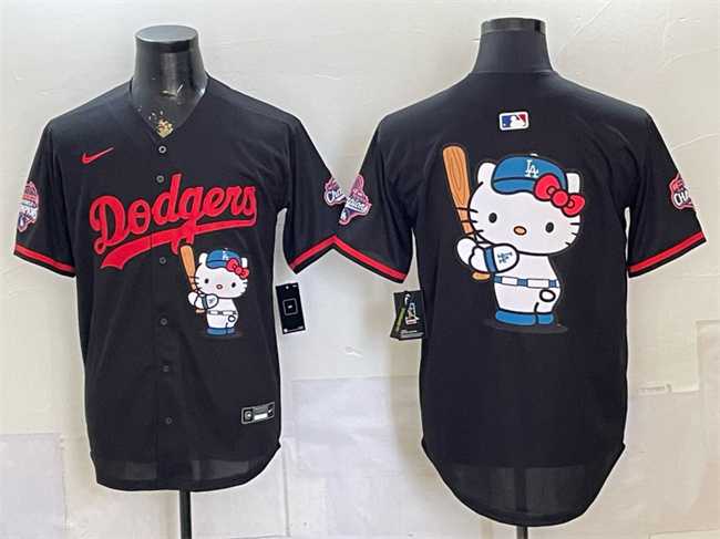 Mens Los Angeles Dodgers Team Big Logo Black Hello Kitty Night 2025 World Series Champions Patch Stitched Jersey Dzhi
