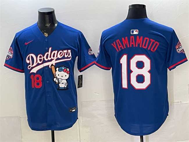 Mens Los Angeles Dodgers #18 Yoshinobu Yamamoto Royal Hello Kitty Night 2025 World Series Champions Patch Stitched Jersey Dzhi