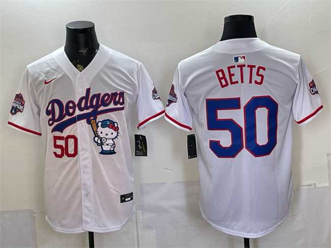 Mens Los Angeles Dodgers #50 Mookie Betts White Hello Kitty Night 2025 World Series Champions Patch Stitched Jersey Dzhi