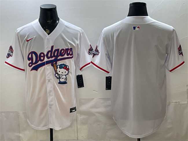 Mens Los Angeles Dodgers Blank White Hello Kitty Night 2025 World Series Champions Patch Stitched Jersey Dzhi
