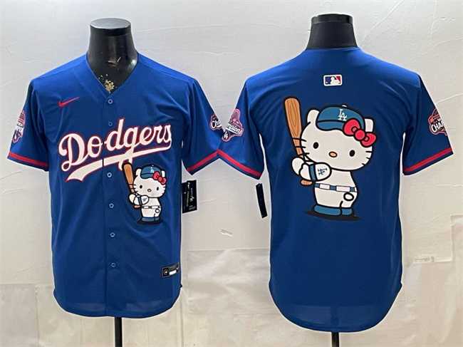 Mens Los Angeles Dodgers Team Big Logo Royal Hello Kitty Night 2025 World Series Champions Patch Stitched Jersey Dzhi