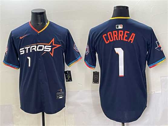 Mens Houston Astros #1 Carlos Correa Navy 2025 City Connect With Texas Patch Limited Stitched Jersey