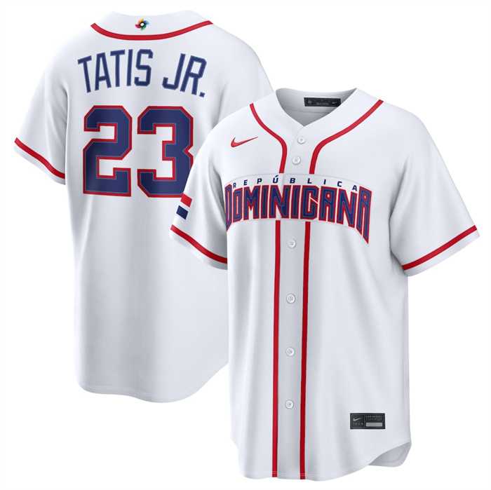 Mens Dominican Republic Baseball #23 Fernando Tatis Jr. White 2026 World Baseball Classic Home Stadium Stitched Jersey