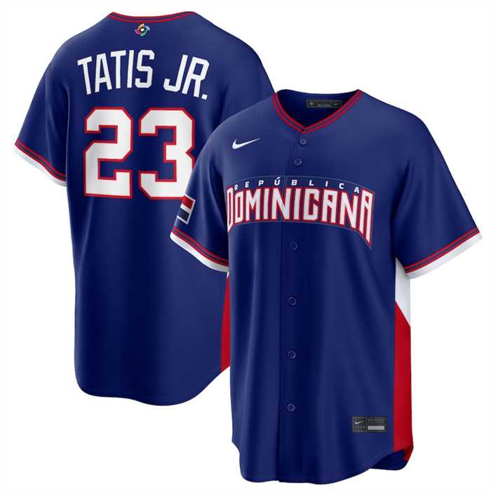 Mens Dominican Republic Baseball #23 Fernando Tatis Jr. Navy 2026 World Baseball Classic Road Stadium Stitched Jersey