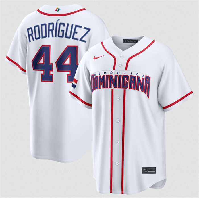 Mens Dominican Republic Baseball #44 Julio Rodriguez White 2026 World Baseball Classic Home Stadium Stitched Jersey