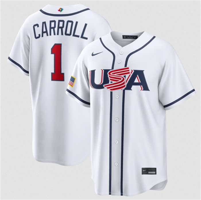 Mens USA Baseball #1 Corbin Carroll White 2026 World Baseball Classic Home Stadium Stitched Jersey