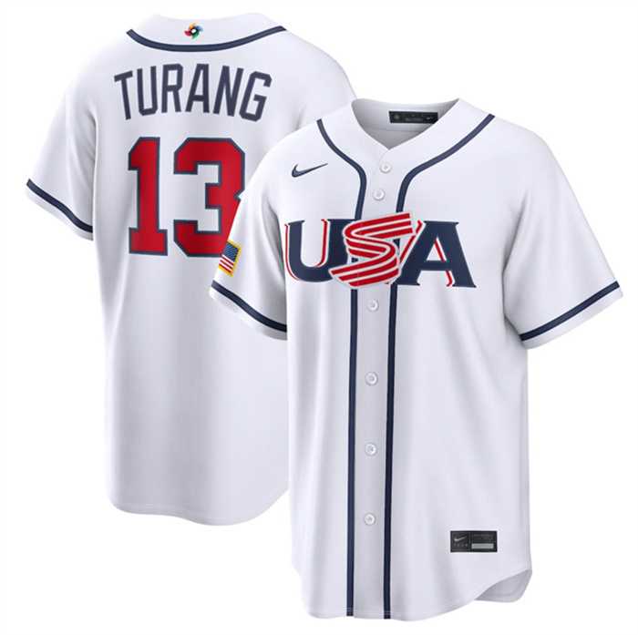 Mens USA Baseball #13 Brice Turang White 2026 World Baseball Classic Home Stadium Stitched Jersey