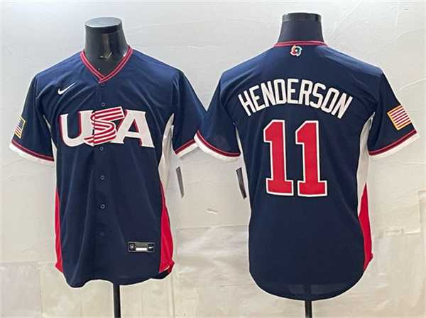 Mens USA Baseball #11 Gunnar Henderson Navy 2026 World Baseball Classic Road Stadium Stitched Jersey