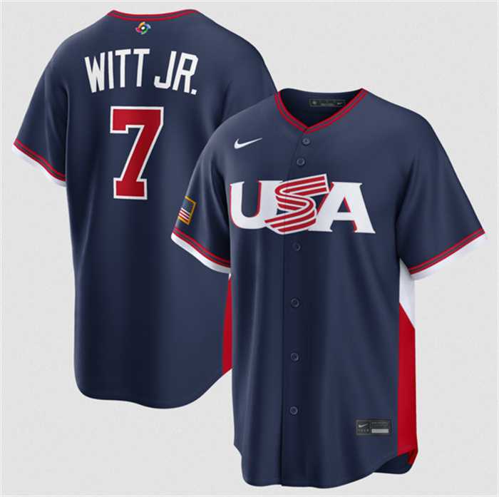 Mens USA Baseball #7 Bobby Witt Jr. Navy 2026 World Baseball Classic Road Stadium Stitched Jersey