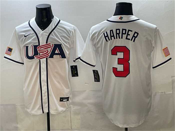 Mens USA Baseball #3 Bryce Harper White 2026 World Baseball Classic Home Stadium Stitched Jersey