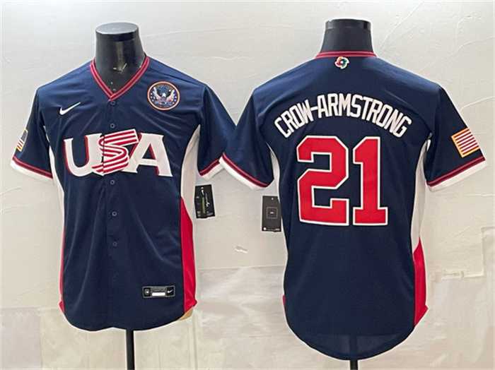 Mens USA Baseball #21 Crow-Armstrong Navy 2026 World Baseball Classic United States 250th Anniversary Patch Road Stadium Stitched Jersey
