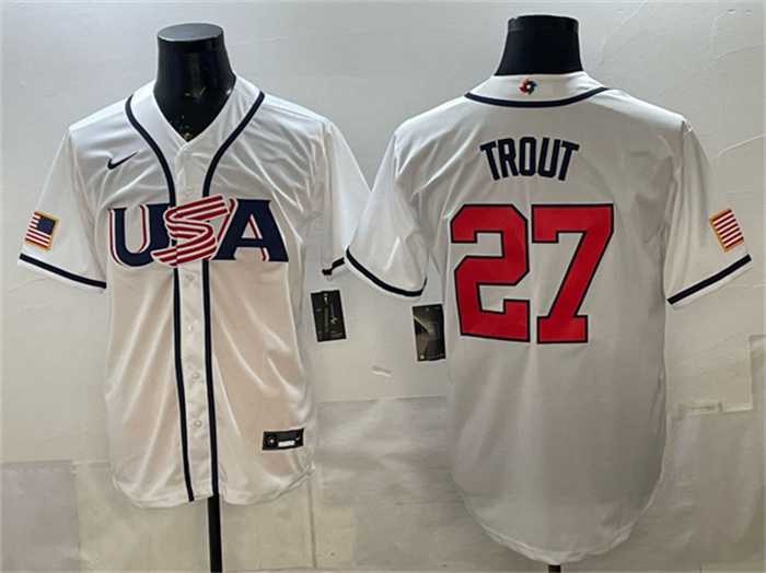 Mens USA Baseball #27 Mike Trout White 2026 World Baseball Classic Home Stadium Stitched Jersey