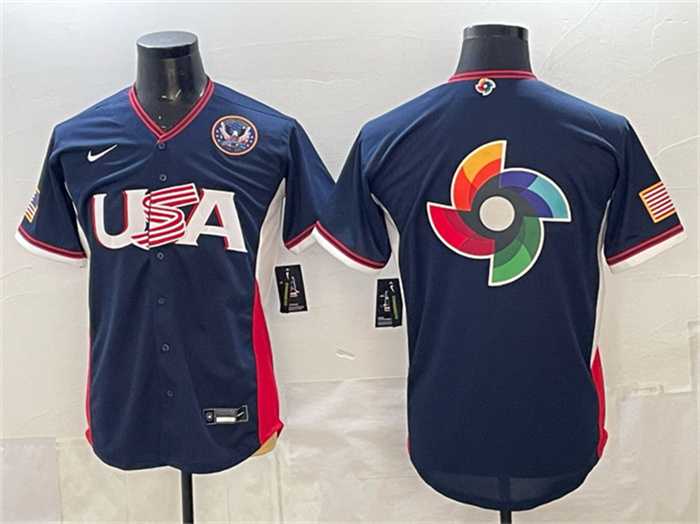 Mens USA Baseball Team Big Logo Navy 2026 World Baseball Classic United States 250th Anniversary Patch Road Stadium Stitched Jersey