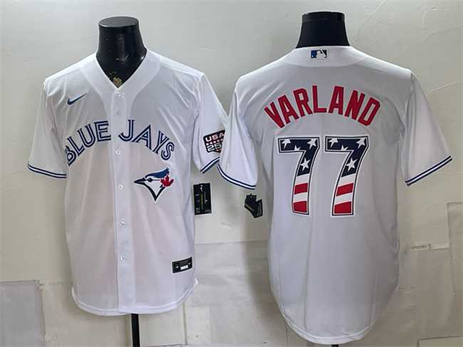 Mens Toronto Blue Jays #77 Louis Varland White 2026 USA 250 Fourth of July Stitched Jersey Dzhi