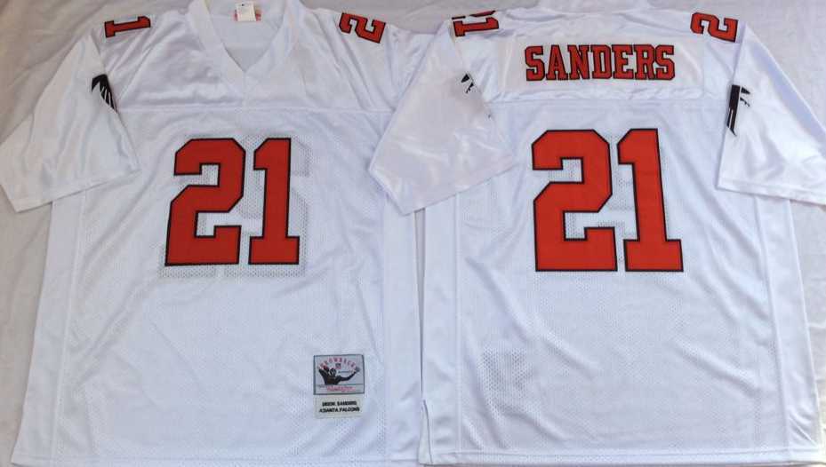 Mens Atlanta Falcons #21 Deion Sanders White Throwback Stitched Football Jersey