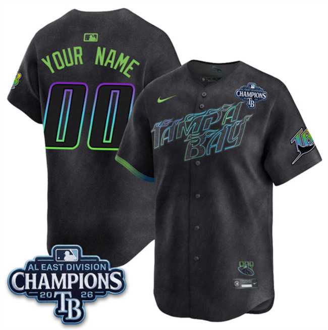 Mens Tampa Bay Rays ACTIVE PLAYER Custom Charcoal 2026 AL East Champions Patch City Connect Limited Stitched Baseball Jersey->->Custom Jersey