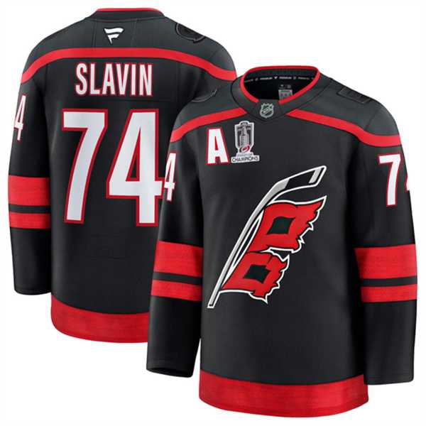 Mens Carolina Hurricanes #74 Jaccob Slavin Black 2026 Stanley Cup Champions And A Patch Home Stitched Jersey Dzhi->->NHL Jersey