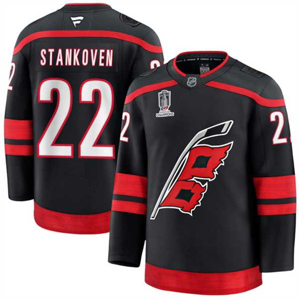 Mens Carolina Hurricanes #22 Logan Stankoven Black 2026 Stanley Cup Champions Home Stitched Jersey Dzhi->->NHL Jersey
