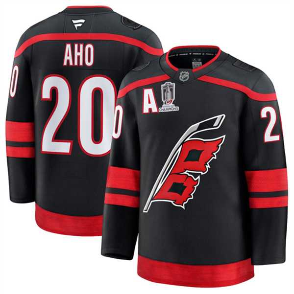 Mens Carolina Hurricanes #20 Sebastian Aho Black 2026 Stanley Cup Champions And A Patch Home Stitched Jersey Dzhi->->NHL Jersey
