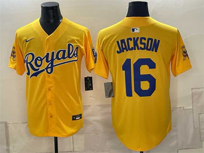 Mens Kansas City Royals #16 Bo Jackson Gold Sluggerrr Patch Vapor Limited Stitched Jersey