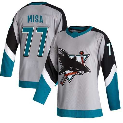 Mens San Jose Sharks #77 Michael Misa Authentic Gray 2020-21 Reverse Retro Jersey Dzhi