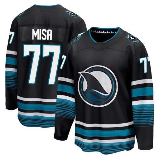 Mens San Jose Sharks #77 Michael Misa Premier Black Breakaway Alternate Jersey Dzhi