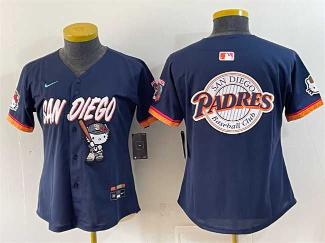 Womens San Diego Padres X Hello Kitty Team Big Logo Obsidian 2026 City Connect Stadium Stitched Baseball Jersey(Run Small)
