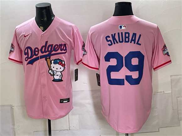 Mens Los Angeles Dodgers #29 Tarik Skubal Pink Hello Kitty Night 2025 World Series Champions Patch Stitched Jersey Dzhi