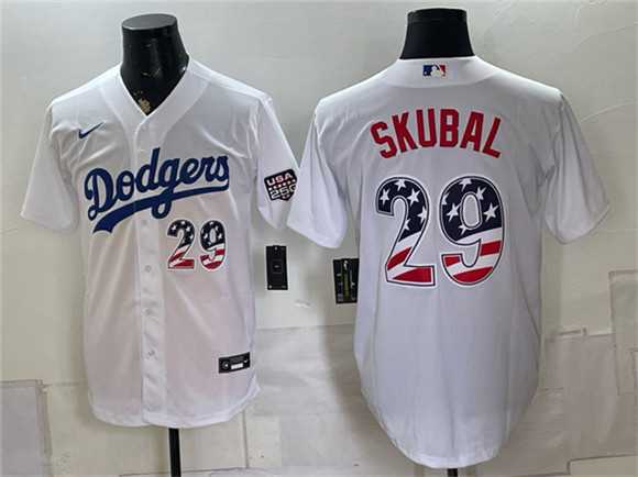 Mens Los Angeles Dodgers #29 Tarik Skubal White USA 250 Fourth of July Home Stitched Jersey Dzhi