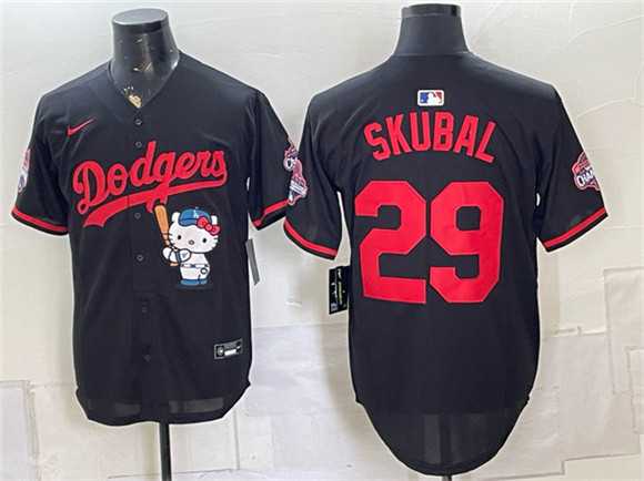 Mens Los Angeles Dodgers #29 Tarik Skubal Black Hello Kitty Night 2025 World Series Champions Patch Stitched Jersey Dzhi