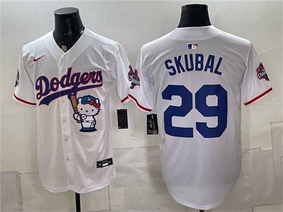Mens Los Angeles Dodgers #29 Tarik Skubal White Hello Kitty Night 2025 World Series Champions Patch Limited Stitched Jersey Dzhi