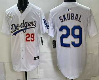 Mens Los Angeles Dodgers #29 Tarik Skubal White Gold Limited Stitched Jersey