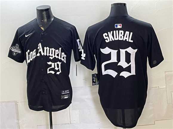 Mens Los Angeles Dodgers #29 Tarik Skubal Black LA Gothic Style 2025 World Series Champions Patch Limited Stitched Jersey Dzhi