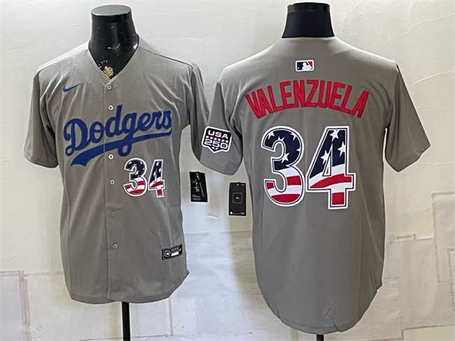 Mens Los Angeles Dodgers #34 Fernando Valenzuela Gray USA 250 Fourth of July Stitched Jersey Dzhi
