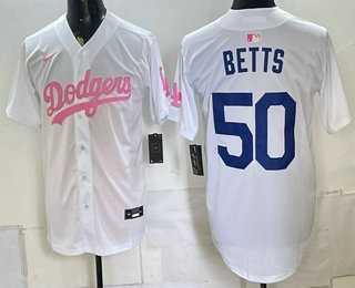 Mens Los Angeles Dodgers #50 Mookie Betts White Pink Limited Stitched Jersey Dzhi