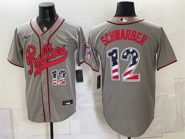 Mens Philadelphia Phillies #12 Kyle Schwarber Gray 2026 Field of Dreams USA 250 Fourth of July Stadium Stitched Jersey Dzhi