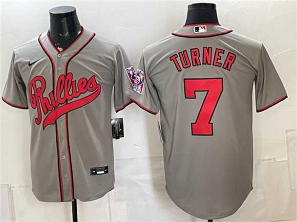 Mens Philadelphia Phillies #7 Trea Turner Gray 2026 Field of Dreams Stadium Stitched Jersey
