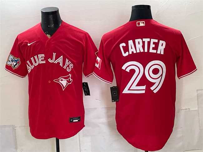 Mens Toronto Blue Jays #29 Joe Carter Red 50 Seasons Patch Stitched Jersey Dzhi->->MLB Jersey