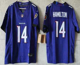 Womens Baltimore Ravens #14 Kyle Hamilton Limited Purple Vapor FUSE Jersey
