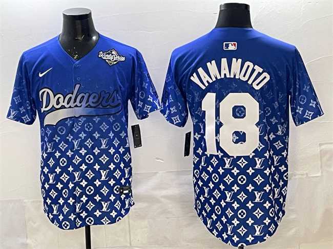 Mens Los Angeles Dodgers #18 Yoshinobu Yamamoto Blue 2025 World Series Patch Limited Stitched Jersey