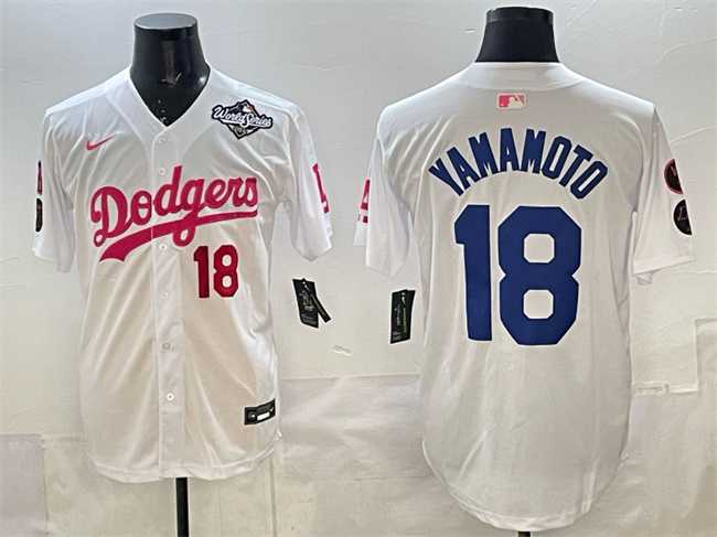 Mens Los Angeles Dodgers #18 Yoshinobu Yamamoto White Pink 2025 World Series Vin & Kobe Patch Limited Stitched Jersey