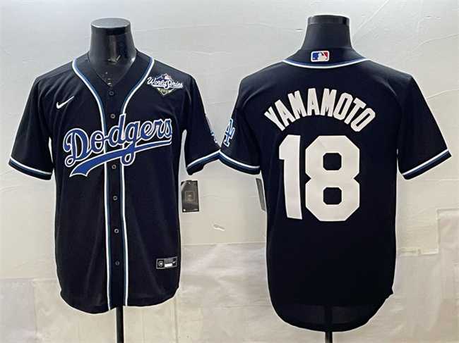 Mens Los Angeles Dodgers #18 Yoshinobu Yamamoto Black 2025 World Series Cool Base Stitched Jersey