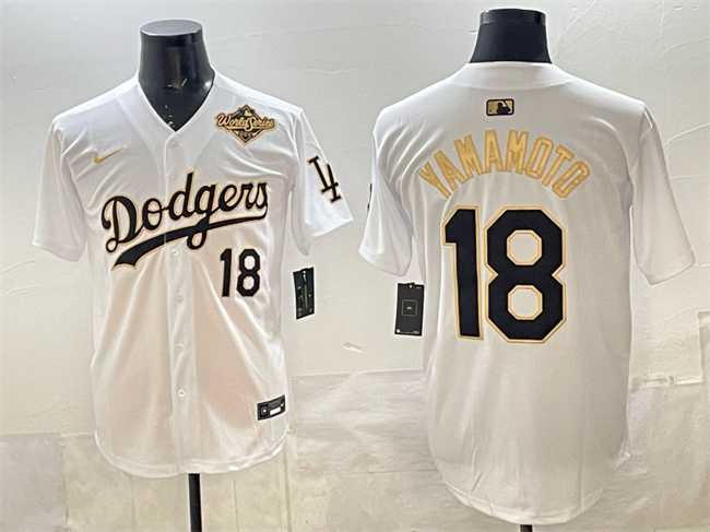 Mens Los Angeles Dodgers #18 Yoshinobu Yamamoto White Gold 2025 World Series Patch Limited Stitched Jersey