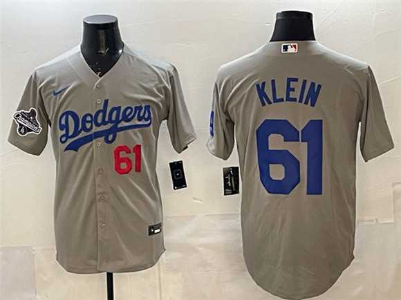 Mens Los Angeles Dodgers #61 Will Klein Gray 2025 World Series Champions Patch Cool Base Limited Stitched Jersey