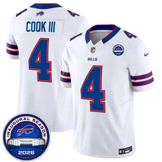 Mens Buffalo Bills #4 James Cook III White F.U.S.E. 2026 Inaugural Season at Highmark Stadium Stitched Jersey Dzhi