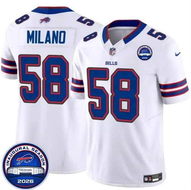Mens Buffalo Bills #58 Matt Milano White F.U.S.E. 2026 Inaugural Season at Highmark Stadium Stitched Jersey Dzhi