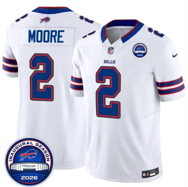 Mens Buffalo Bills #2 D.J. Moore White F.U.S.E. 2026 Inaugural Season at Highmark Stadium Patch Stitched Jersey Dzhi