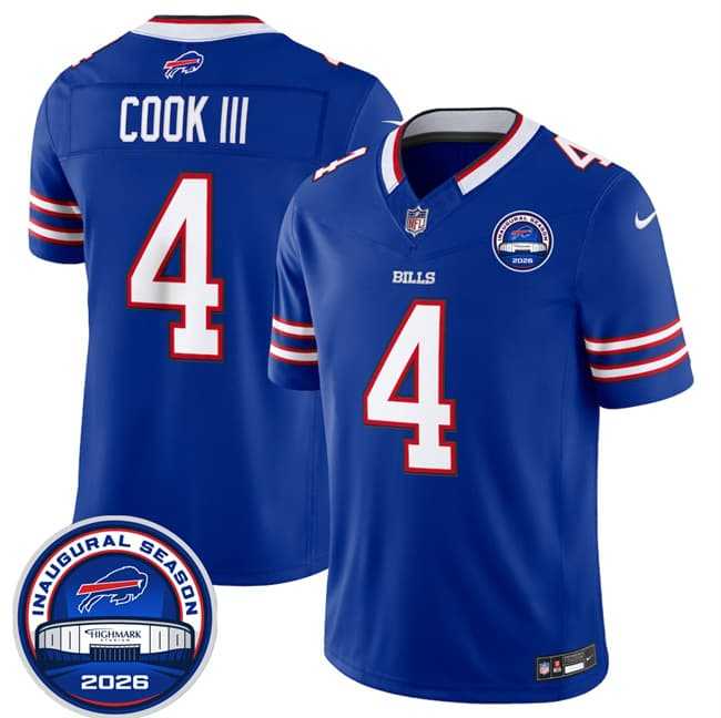 Mens Buffalo Bills #4 James Cook III Blue F.U.S.E. 2026 Inaugural Season at Highmark Stadium Stitched Jersey Dzhi