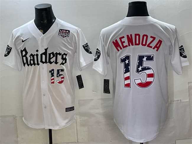 Mens Las Vegas Raiders #15 Fernando Mendoza White USA 250 Fourth of July Gothic Sin City Shadows Edition Vapor Limited Stitched Baseball Jersey Dzhi