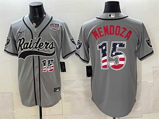 Mens Las Vegas Raiders #15 Fernando Mendoza Gray USA 250 Fourth of July Vapor Limited Stitched Baseball Jersey Dzhi